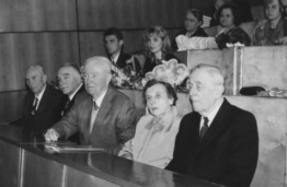 Chemikų jubiliejų paminėjimas KTU Cheminės technologijos fakultete, 1996 m. I&scaron; kairės: prof. E. Pacauskas, prof. R. Baltru&scaron;is, prof. B. Stulpinas, prof. V. Zelionkaitė, prof. J. Janickis. (KTU muziejus)